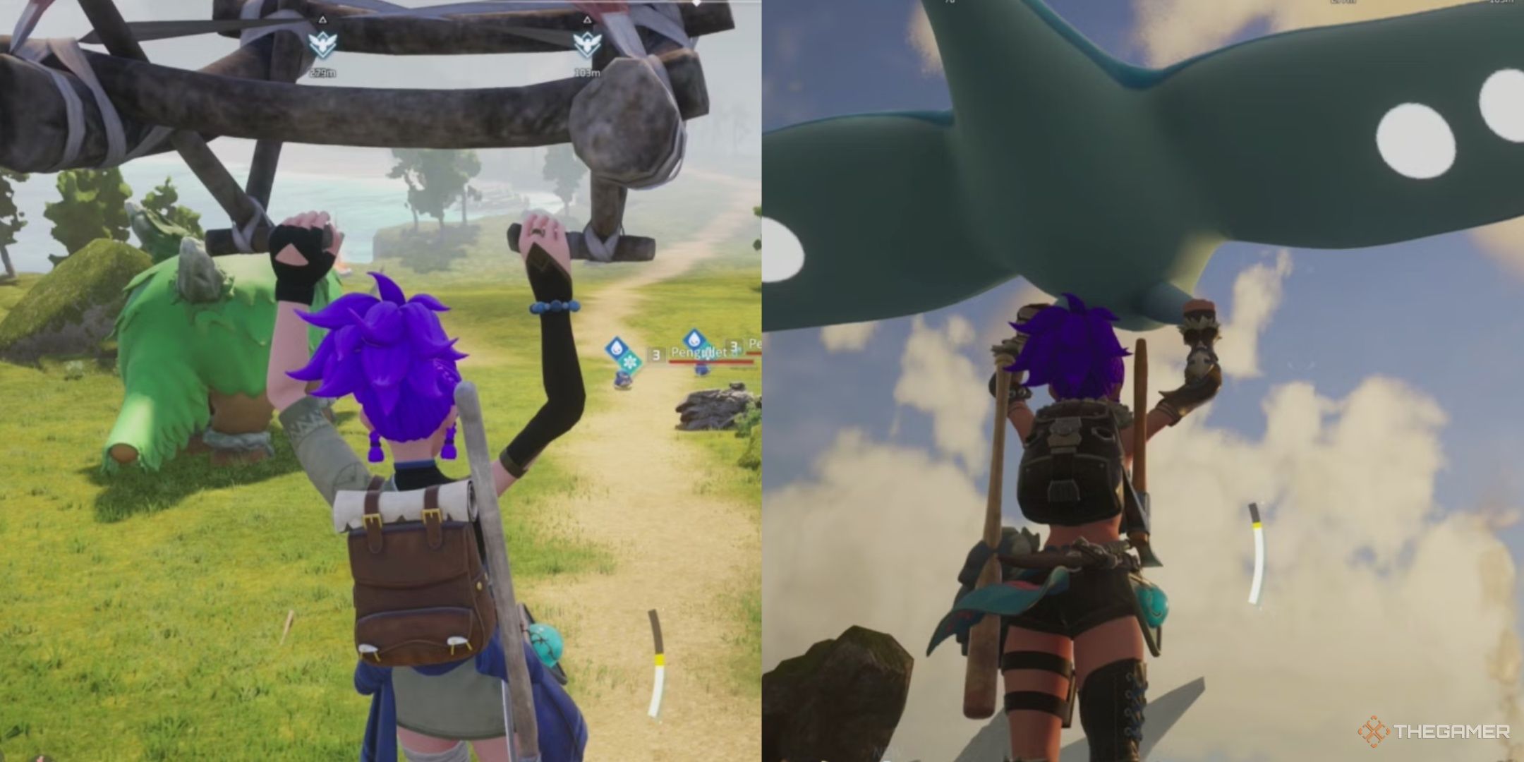 A collage showing the player character using a glider and a Pal as a glider.