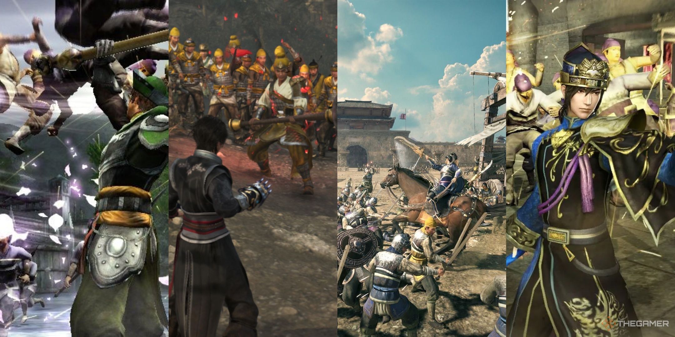 multiple characters from across the dynasty warriors series battling hordes of enemies.