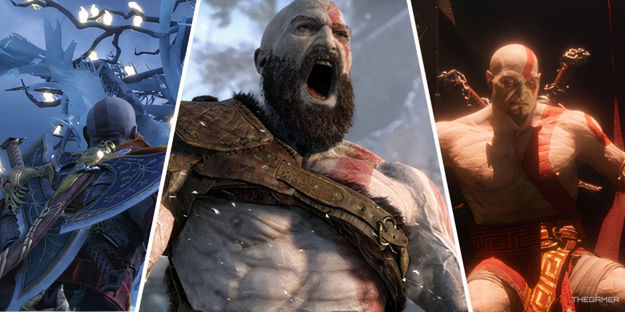 God of War Ragnarok split image of Kratos in three different emotional scenes side by side.