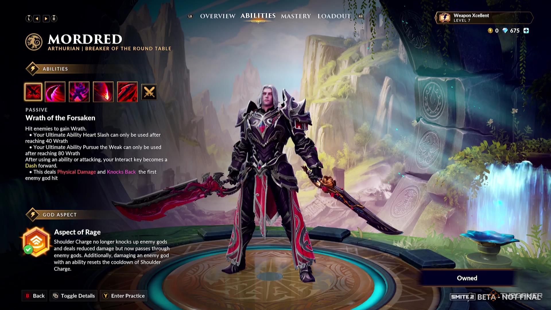 Mordred&rsquo;s God Aspect in their ability screen of Smite 2.