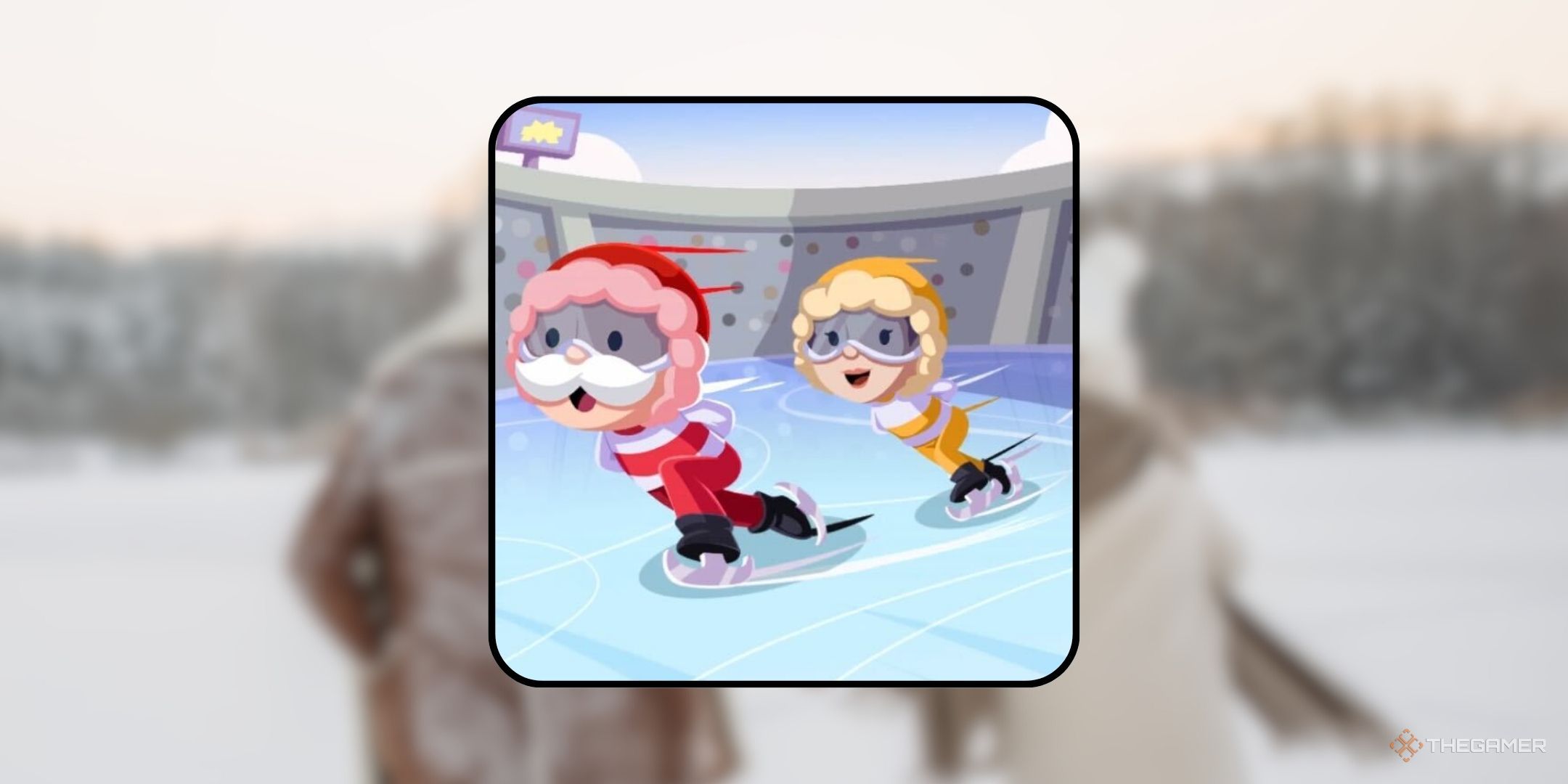 Mr. Monopoly and a friend ice skating for the Skate Circuit tournament in Monopoly Go.