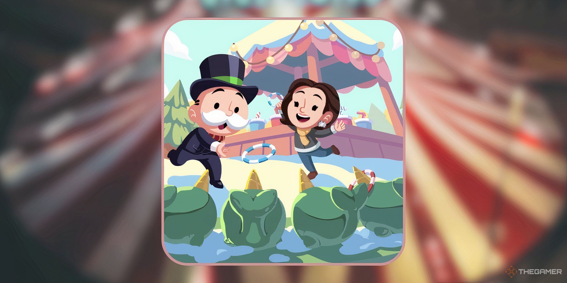 Mr. Monopoly and a friend playing a ring toss game in front of a blurred carnival big top tent for the list of rewards in Horn Huck in Monopoly Go.