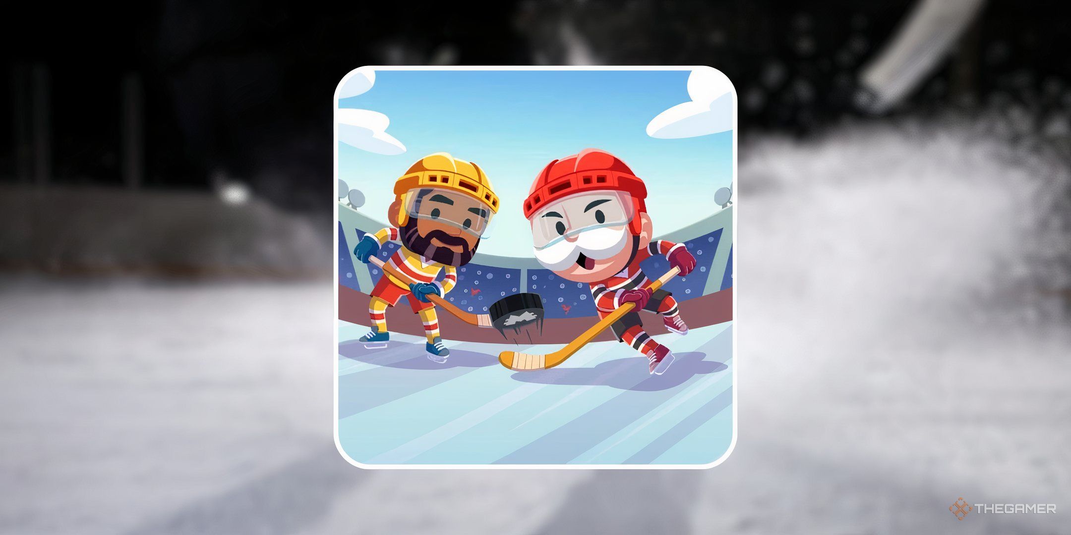 Mr. Monopoly and a friend playing hockey during Puck Pursuit in Monopoly Go.