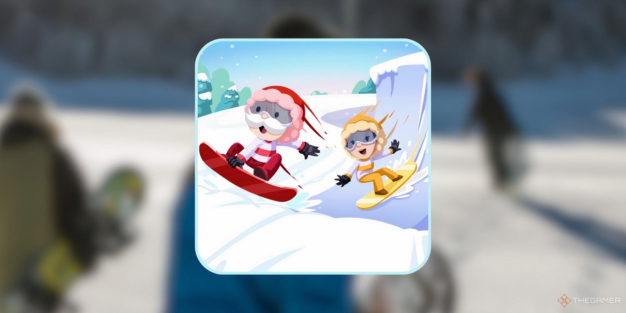 Mr. Monopoly and a friend snowboarding in a halfpipe in front of a blurred photo of snowboarders for the list of Halfpipe Havoc rewards in Monopoly Go.