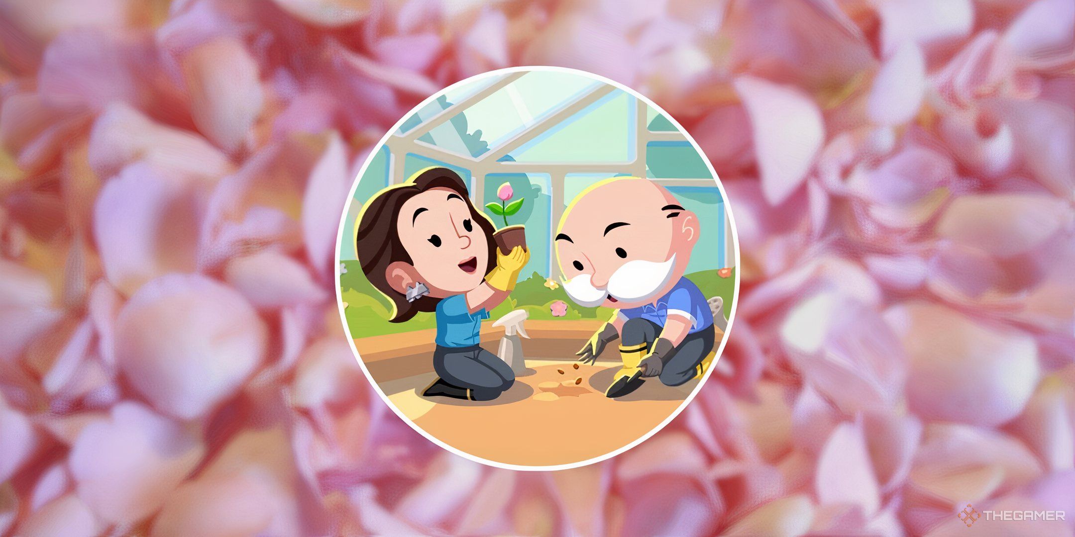 Mr. Monopoly and friend gardening in front of a blurred backdrop of pink flower petals for the Best Buds Contest rewards guide in Monopoly Go.