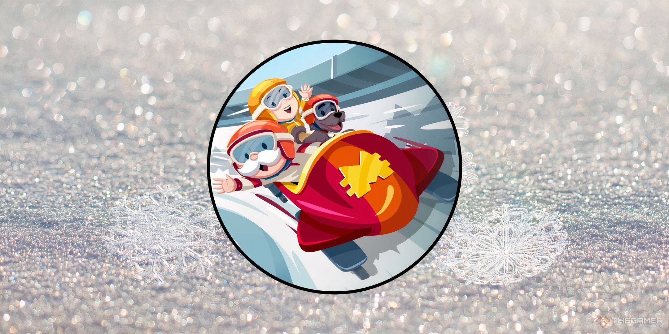 Mr. Monopoly and friends in a bobsled for Sled Shred in Monopoly Go.