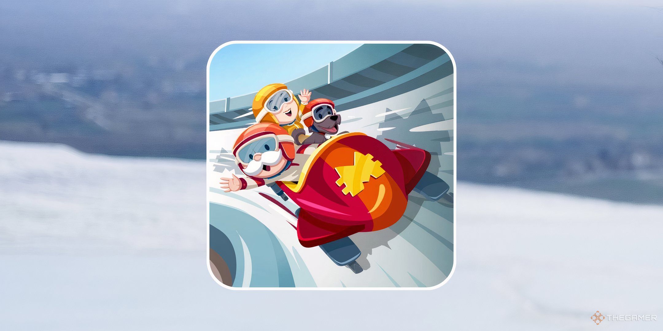 Mr. Monopoly and Scottie in a bobsled for Sled Shred in Monopoly Go.