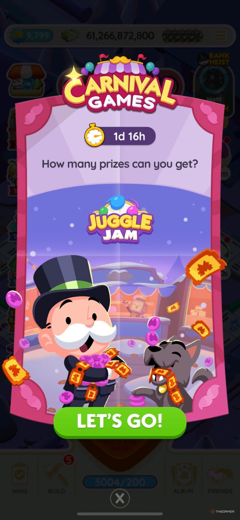 Mr. Monopoly and Scottie with tickets and tokens from Juggle Jam in Monopoly Go.