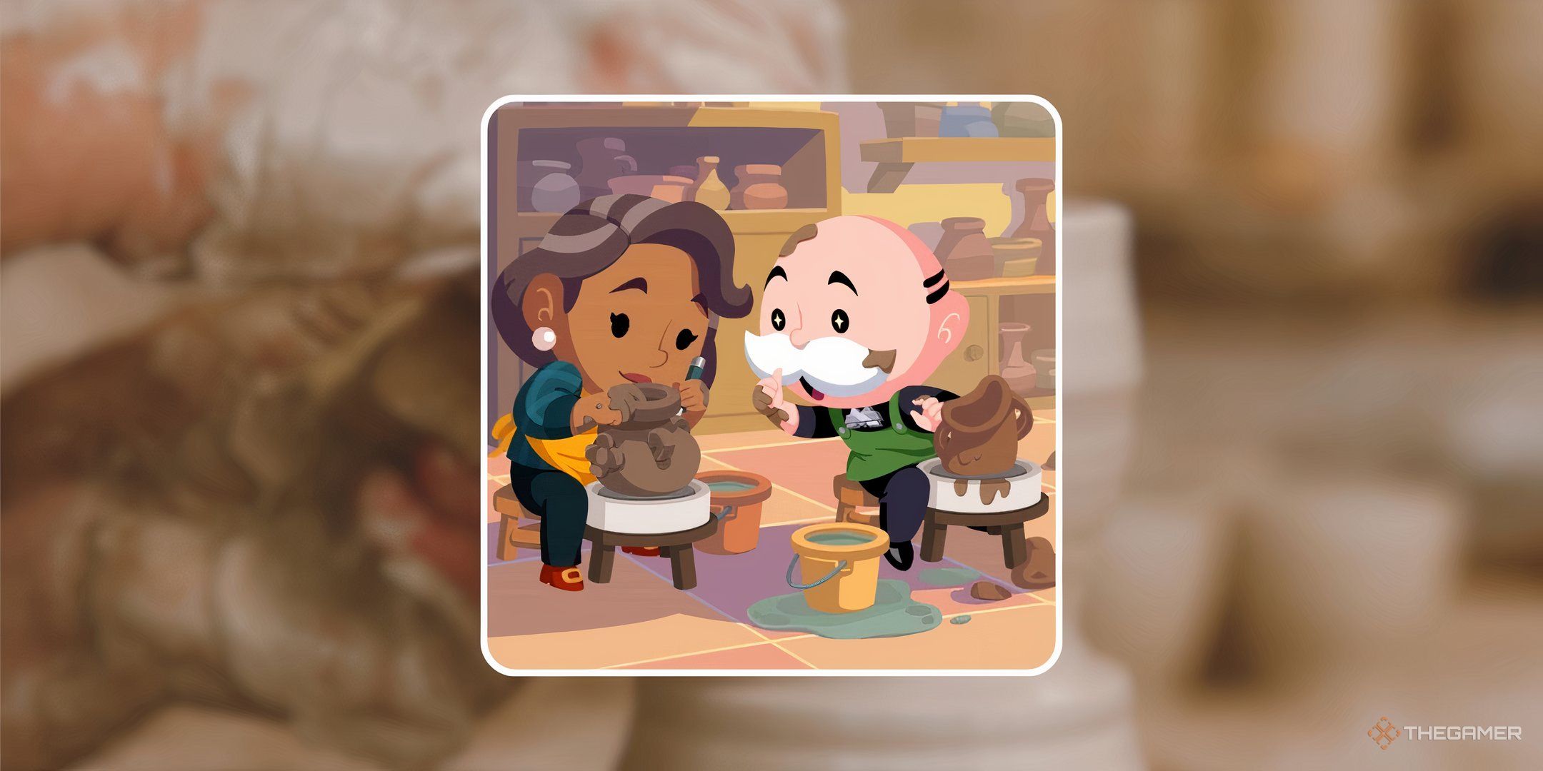 Mr. Monopoly and Sofia&rsquo;s mom making clay pottery in front of a background of a persona making a clay pot in real life for the list of rewards in Clay Heyday in Monopoly Go.
