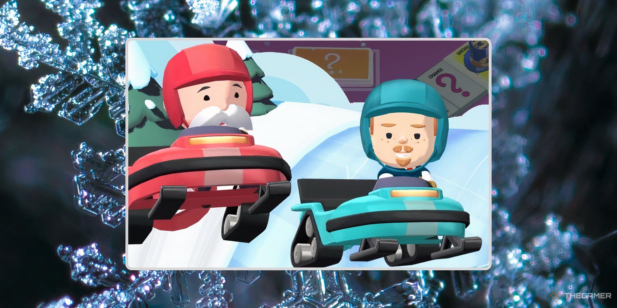 Mr. Monopoly racing snow mobiles against a friend in front of a snowflake close-up background for the Snow Racers event in Monopoly Go.