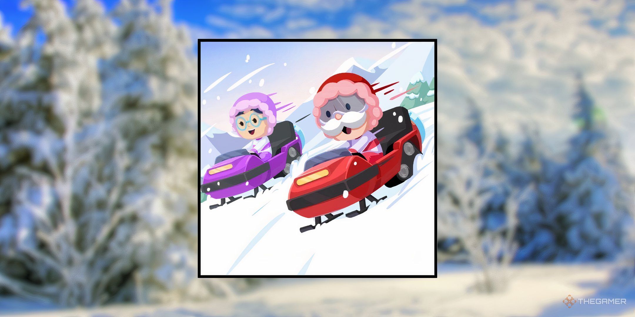Mr. Monopoly racing snow mobiles with a friend in Monopoly Go for the Slope Speedsters tournament.
