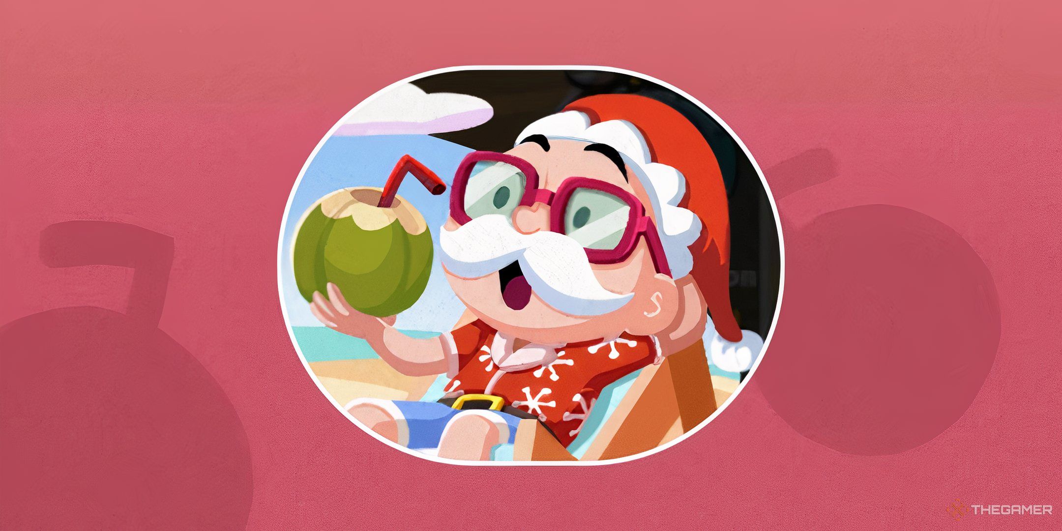 Mr. Monopoly wearing a santa hat and beach clothes drinking from a coconut in Monopoly Go for Down Under Wonders.