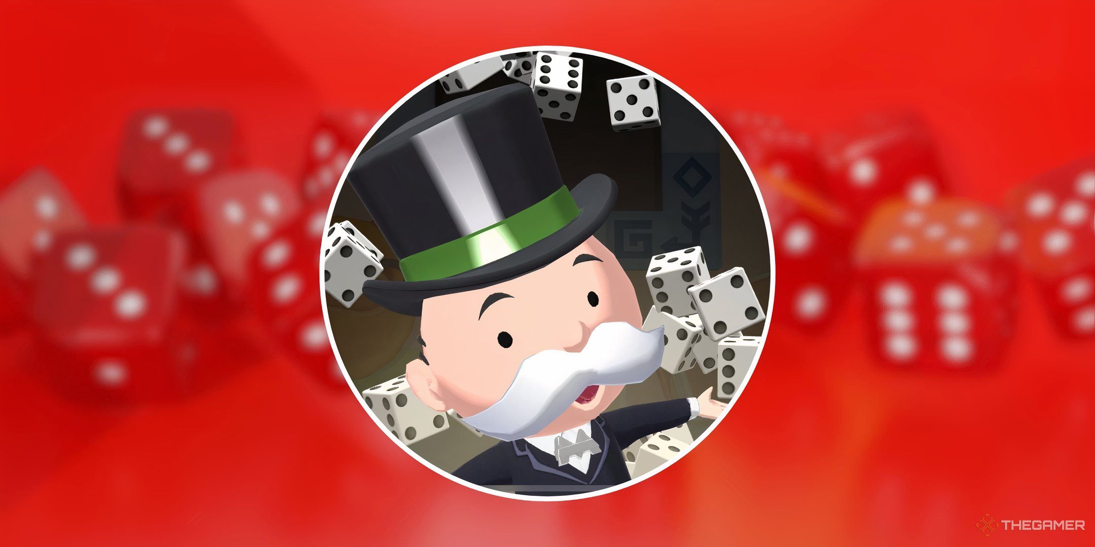 Mr. Monopoly with dice from Monopoly Go, in front of a background of red dice.