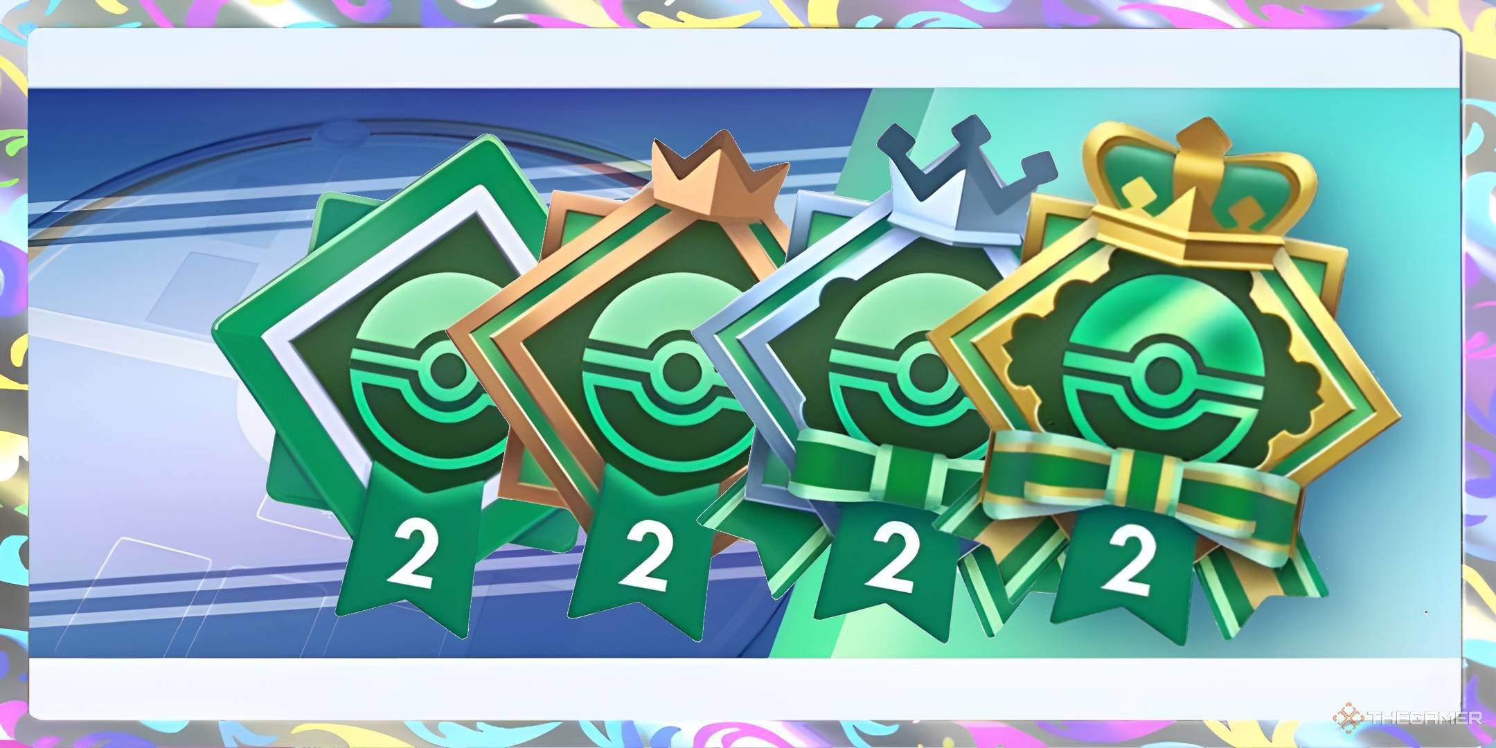 From left to right, the Mythical Island SP Event Participation, Bronze, Silver, and Gold emblems.