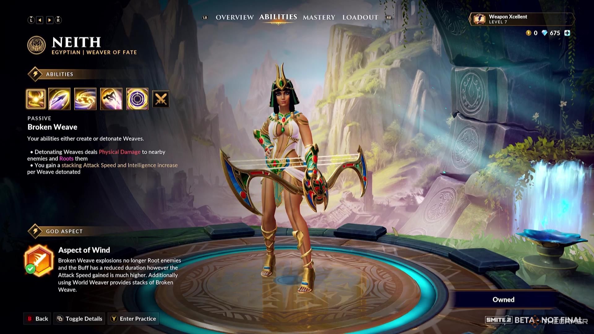 Neith&rsquo;s God Aspect in their ability screen of Smite 2.