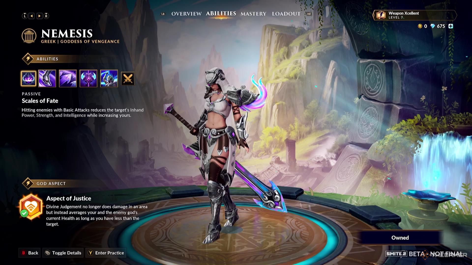 Nemesis' God Aspect in their ability screen of Smite 2.