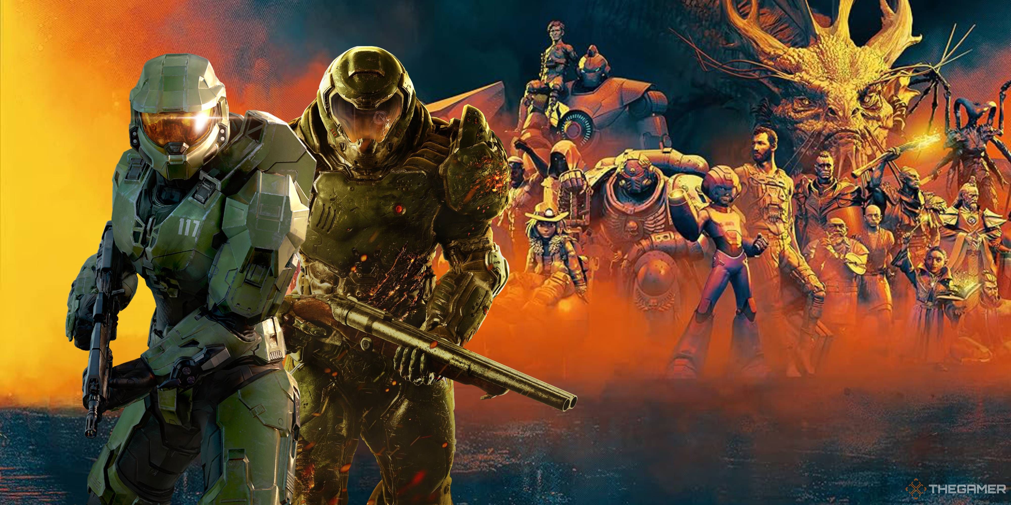 master chief and doomguy with the secret level keyart behind them.