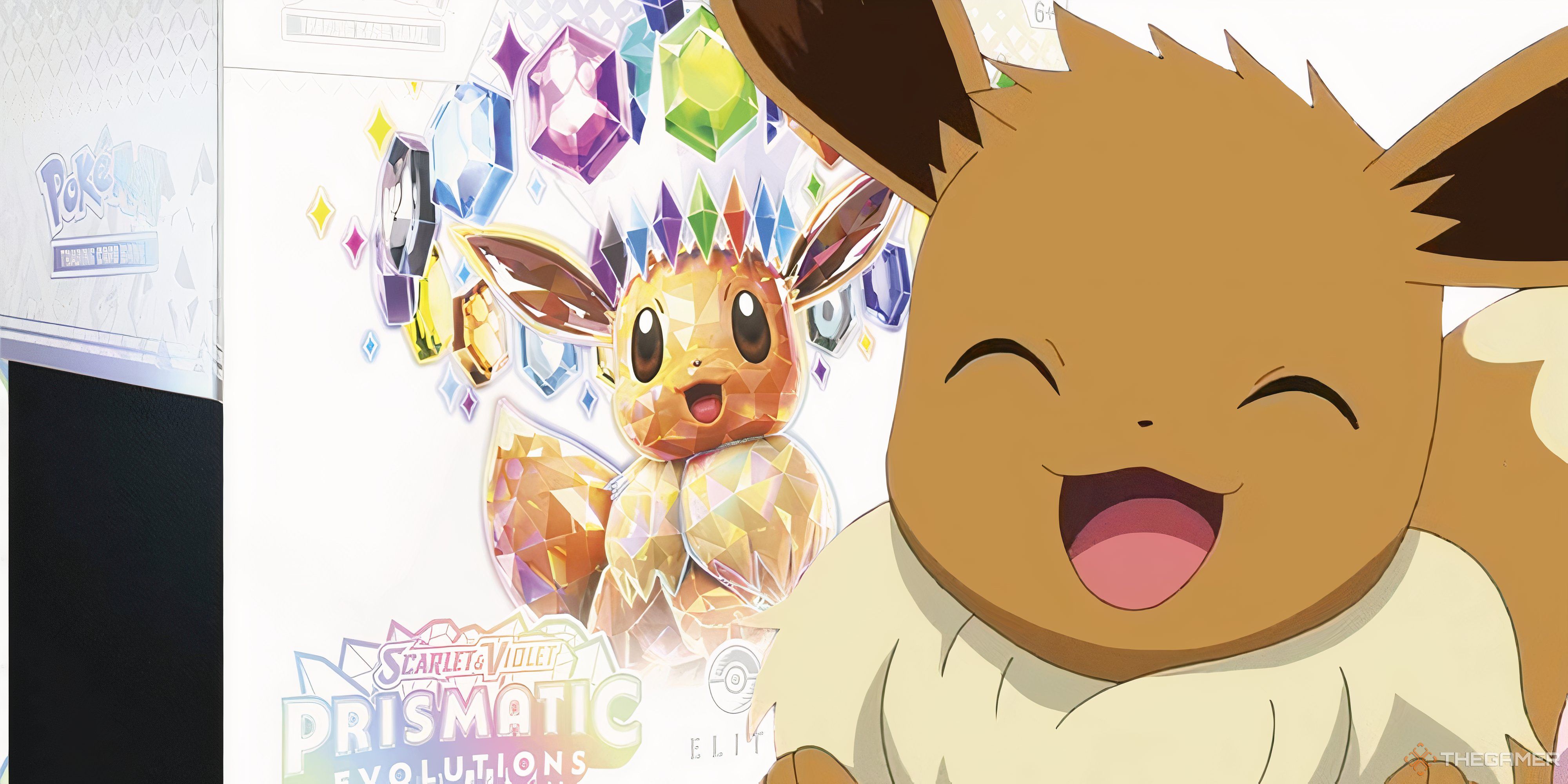 a blessed  eevee adjacent  to a prismatic evolutions elite   trainer box.