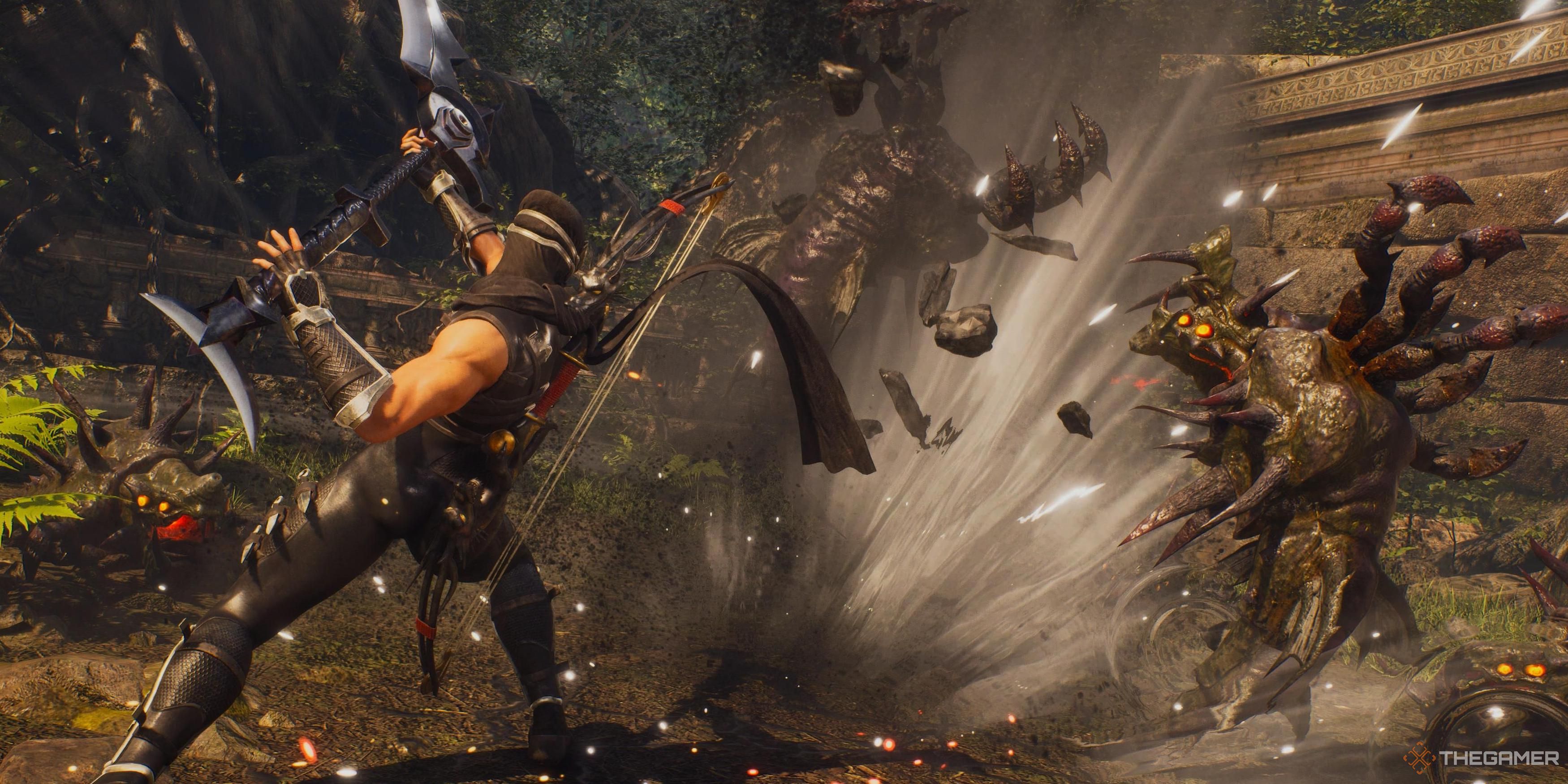Ryu slashing at enemies with his scythe in Ninja Gaiden 2 Black.