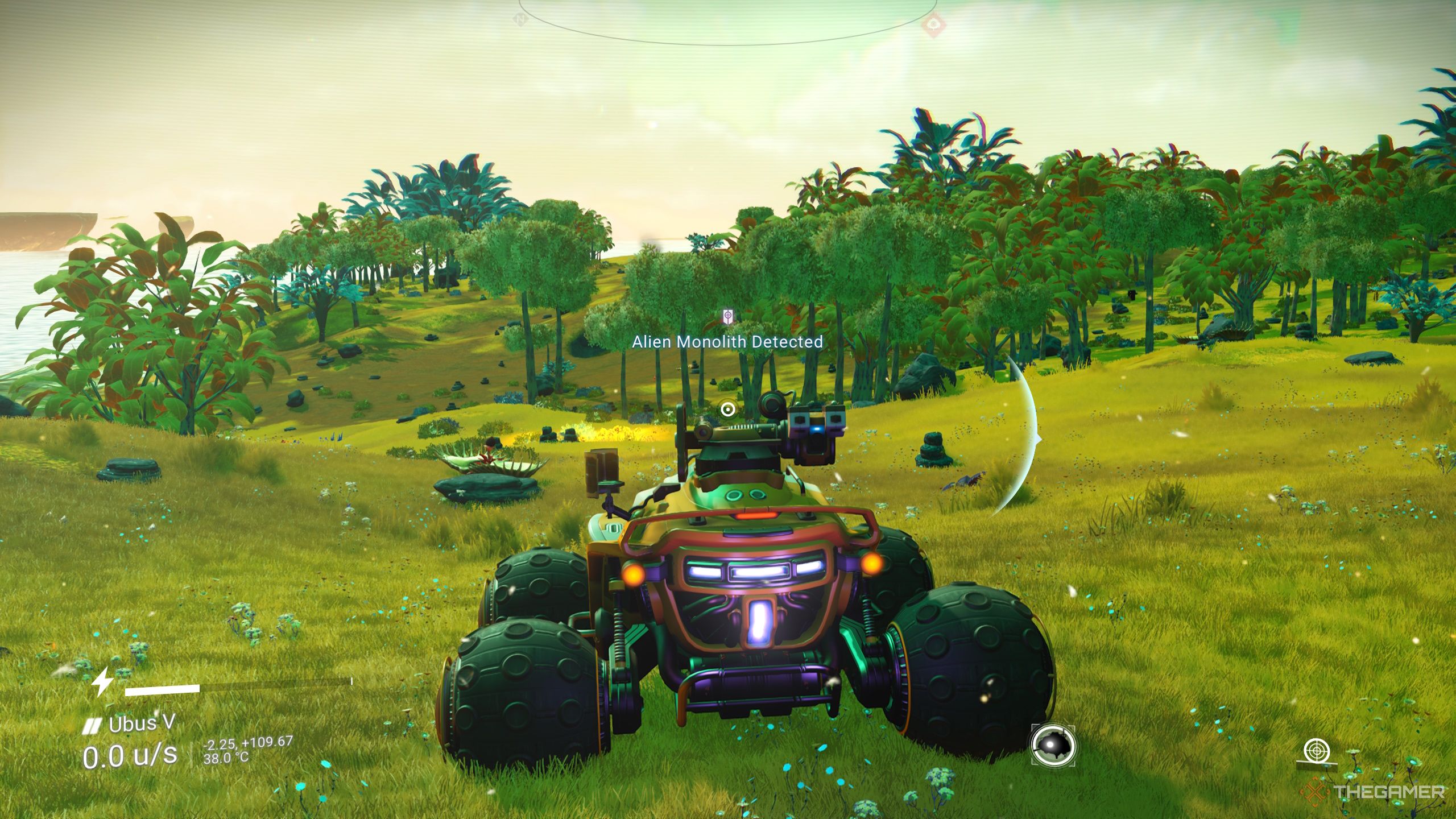 Using an Exocraft to scan for alien structures in No Man's Sky.