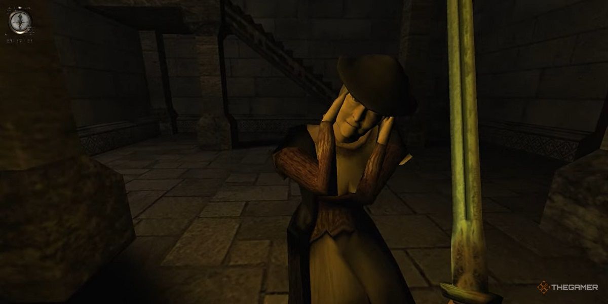 Gameplay screenshot of Nosferatu: The Wrath of Malachi showing an elderly NPC.