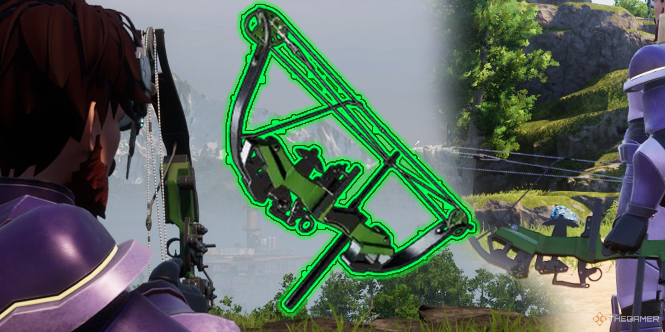 On the left, the player is aiming with the Compound Bow, on the right, they are carrying it, and in the center is its image in Palworld