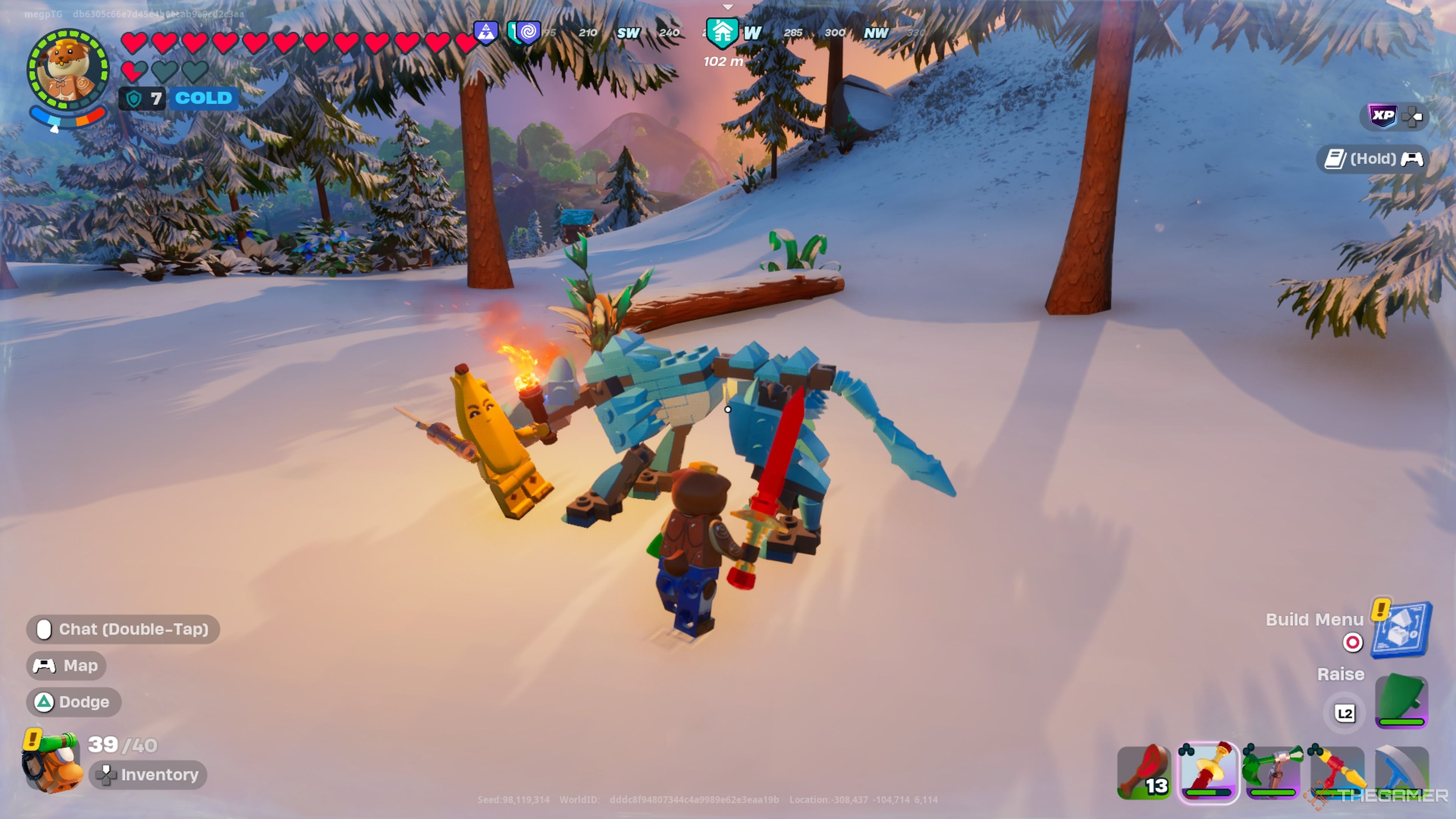 Peely and Doughberman fighting a frost wolf in Lego Fortnite Odyssey.