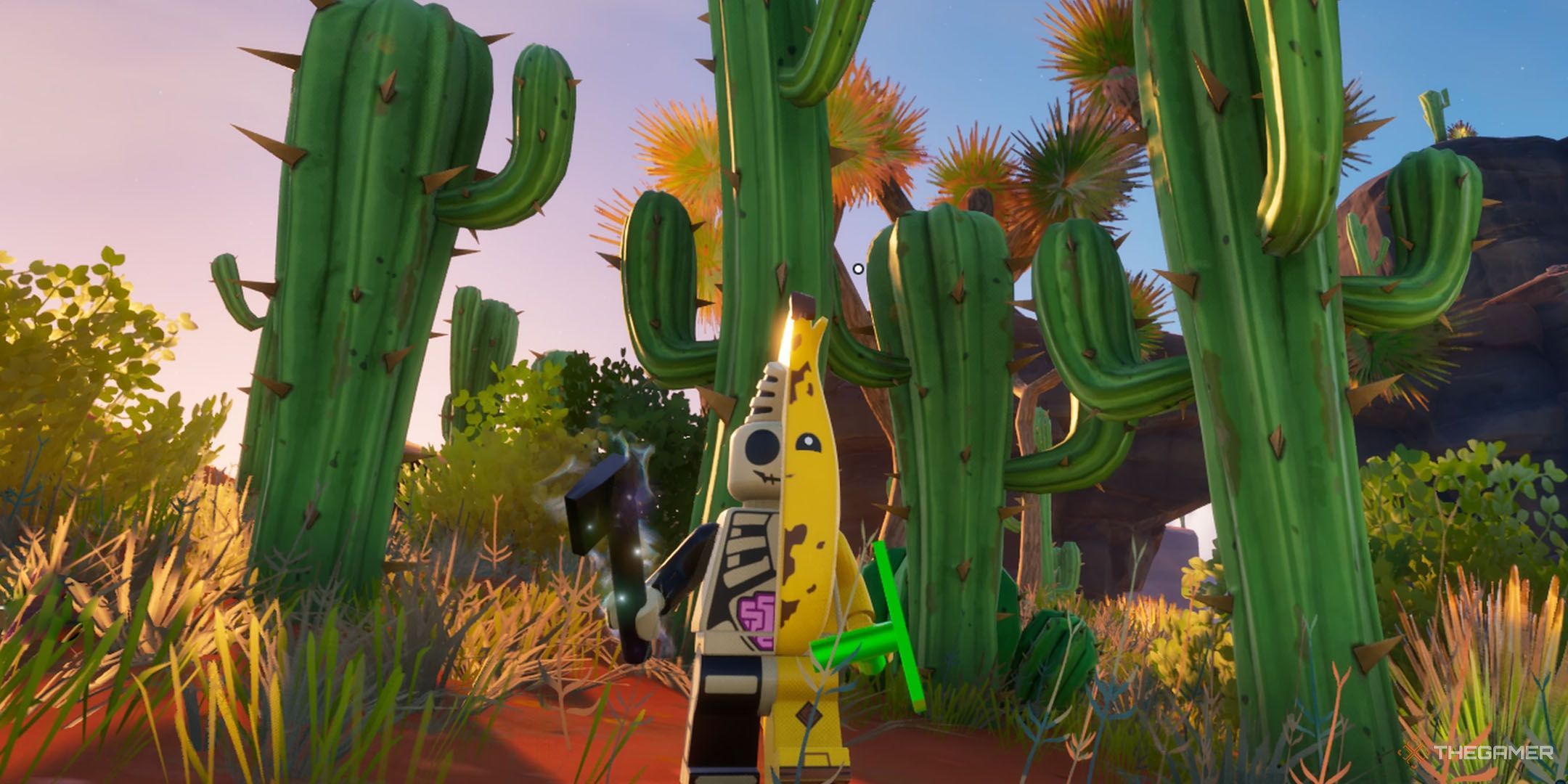 Peely Bones in front of some Cacti in Lego Fortnite Odyssey.