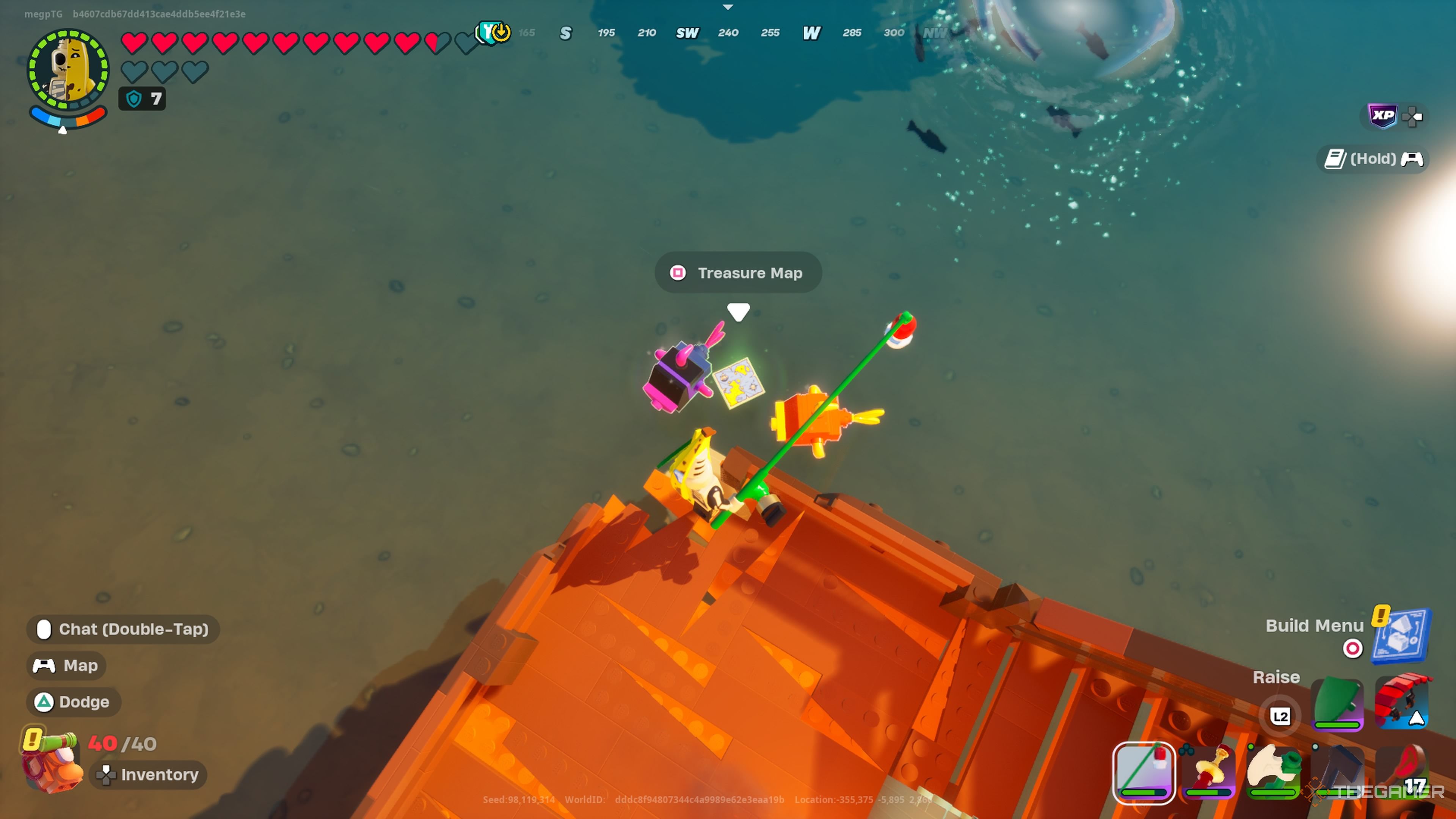 Peelybones getting a treasure map while fishing in Lego Fortnite Odyssey.