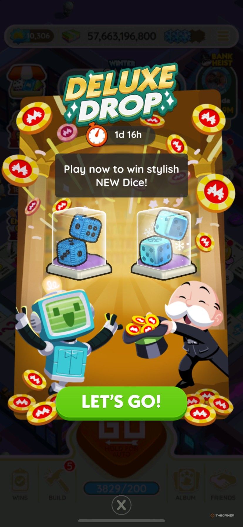 Peg-E and Mr. Monopoly with the two new dice skins available in Deluxe Drop in Monopoly Go.