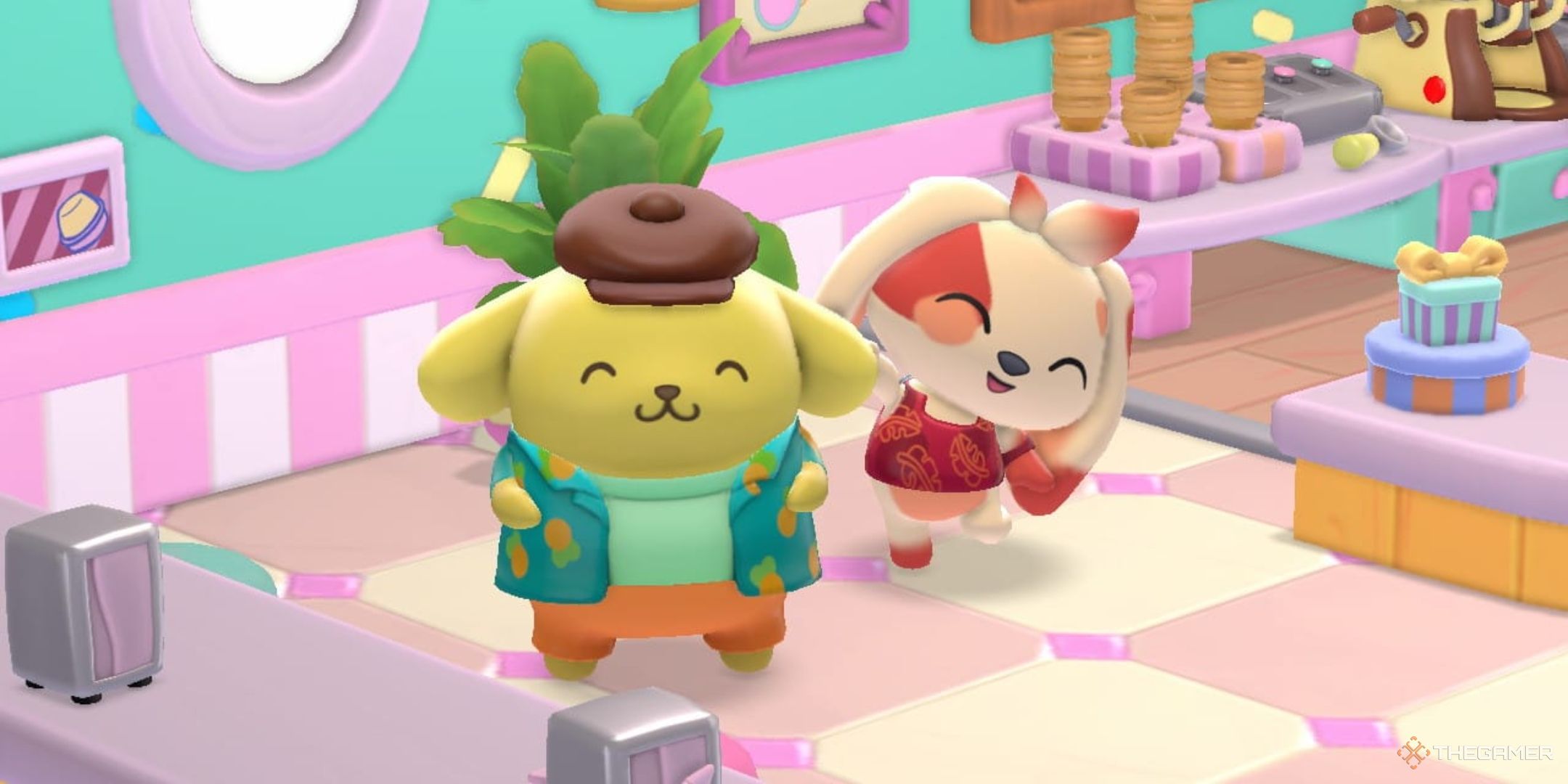 Player character posing smiling with Pompompurrin in Hello Kitty Island Adventure.