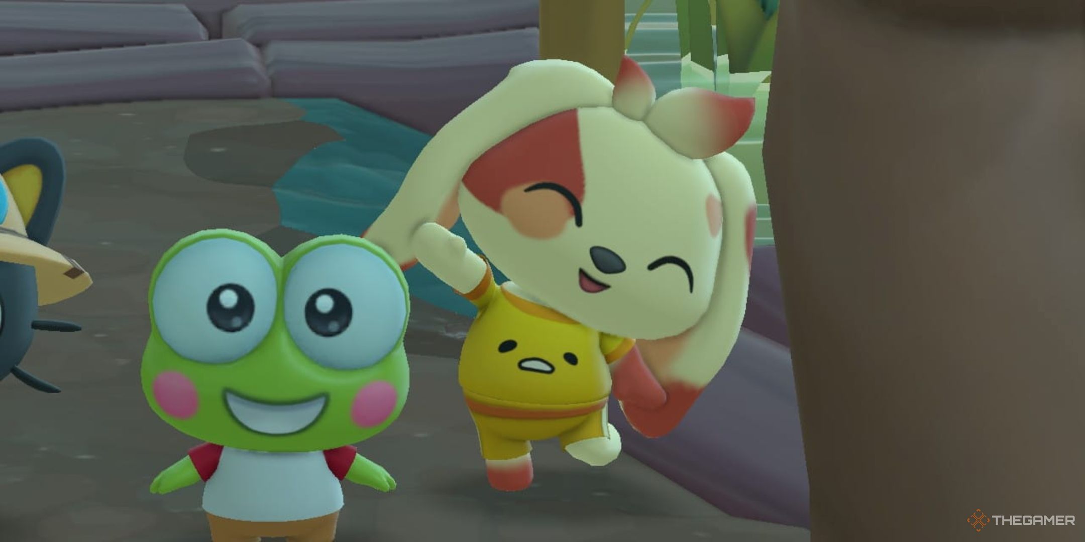 Player character posing waving with Keroppi in Hello Kitty Island Adventure.