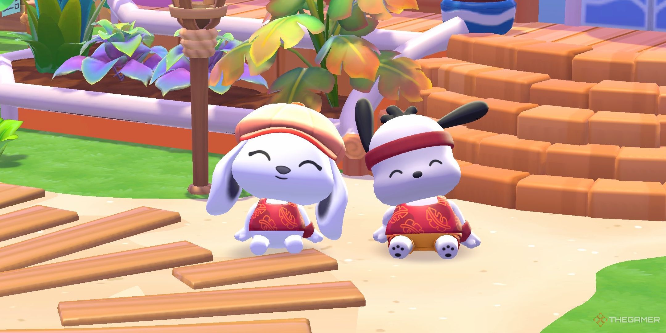 Pochacco and a player posing together while sitting in Hello Kitty Island Adventure.