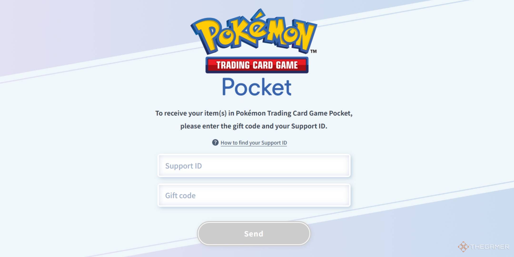 The gift code redemption page for Pokemon Trading Card Game Pocket.