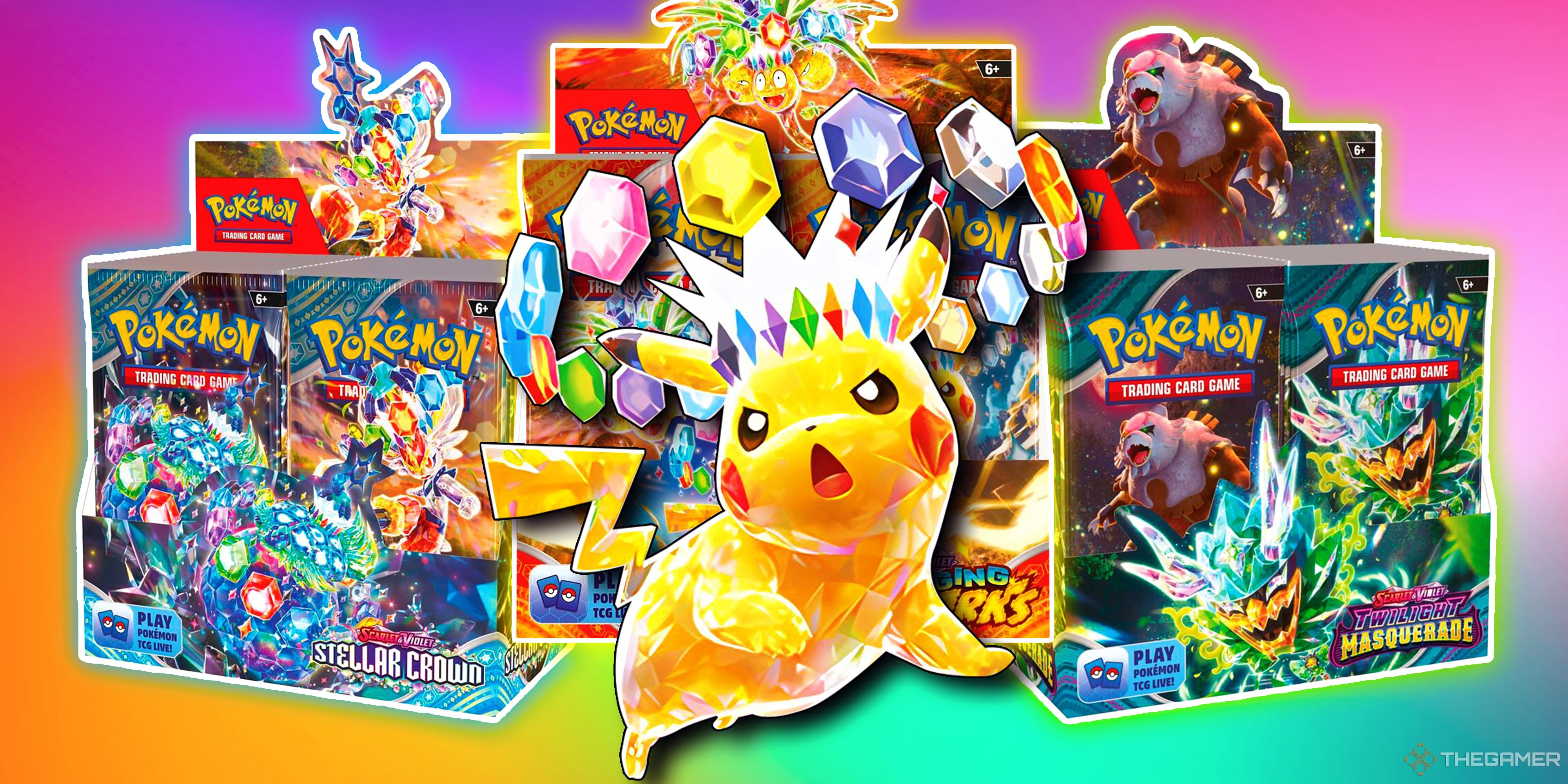 Pikachu jumps in front of Stellar Crown, Surging Sparks, and Twilight Masquerade booster boxes from the Pokemon TCG.