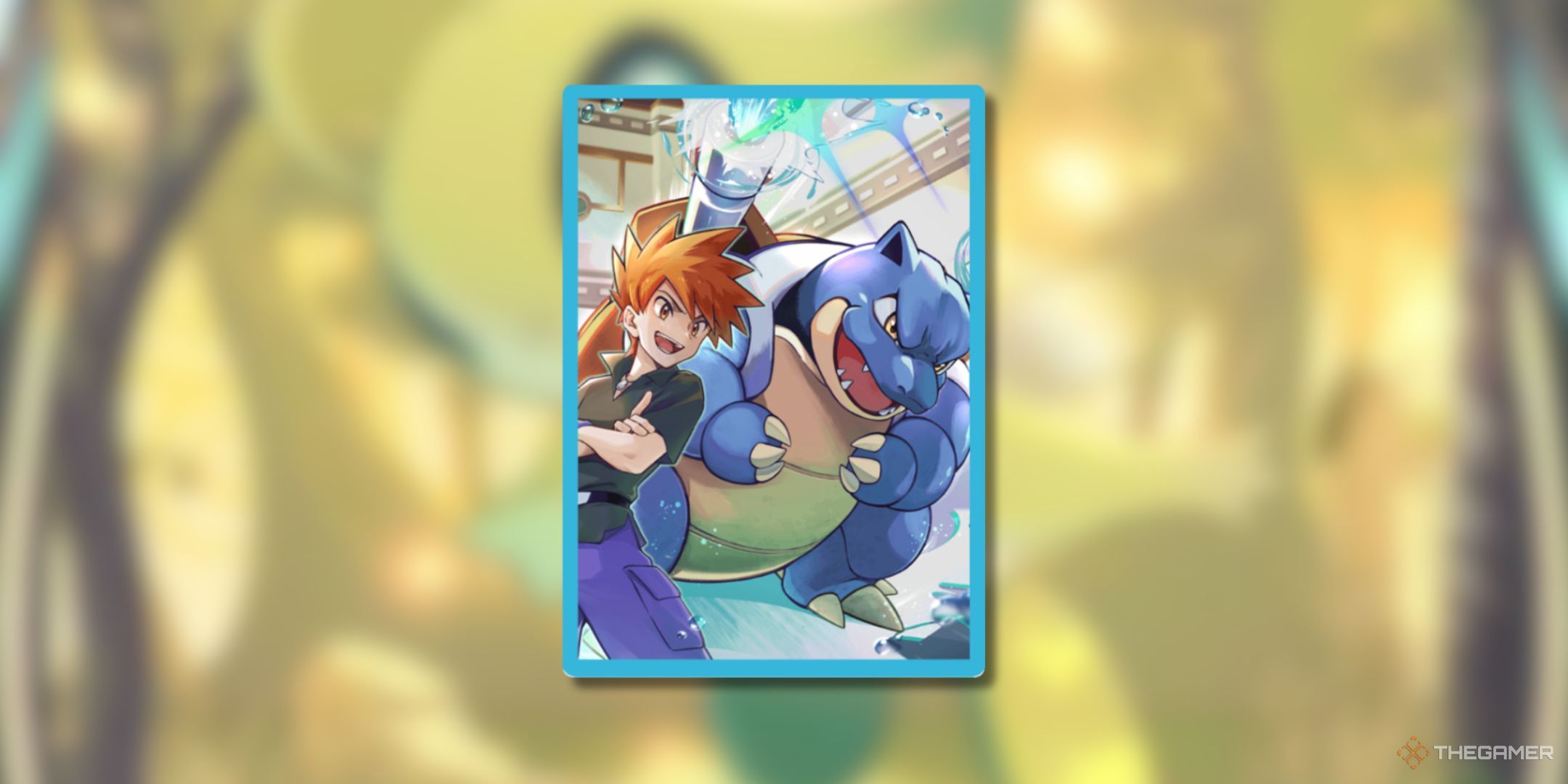 Pokemon Trading Card Game Pocket Blastoise Card Sleeve on a blurred background.