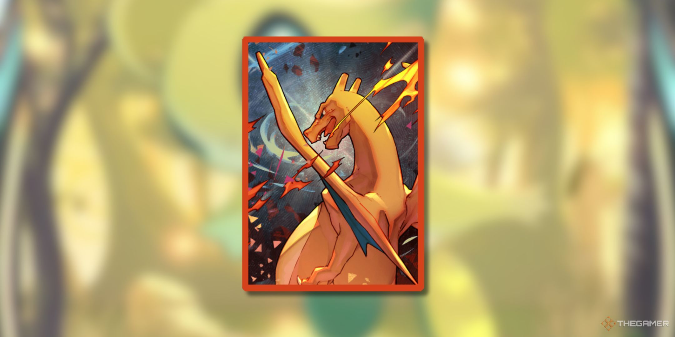 Pokemon Trading Card Game Pocket Charizard card sleeve on a blurred background.