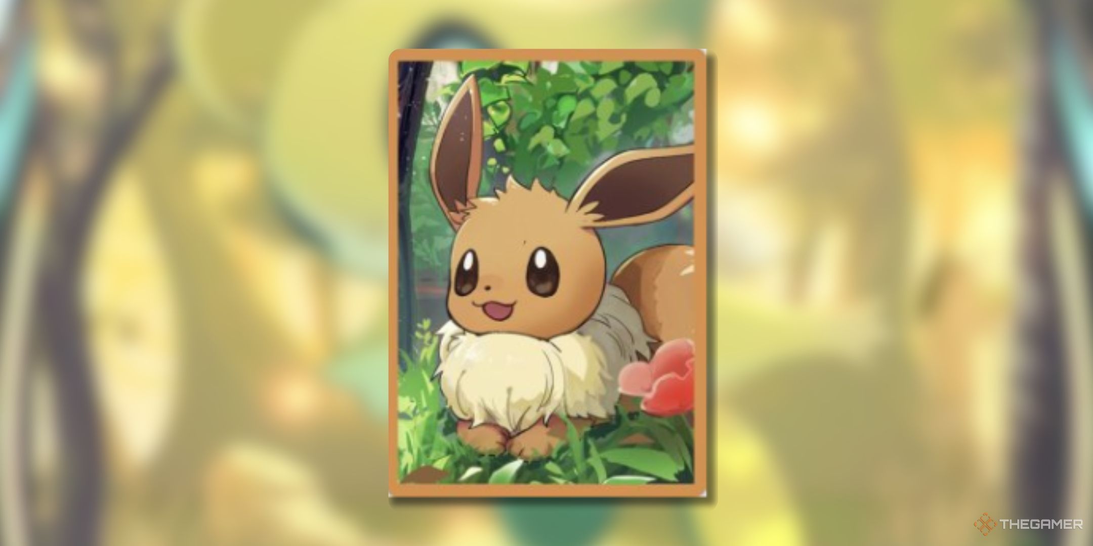 Pokemon Trading Card Game Pocket Eevee card sleeve on a blurred background.