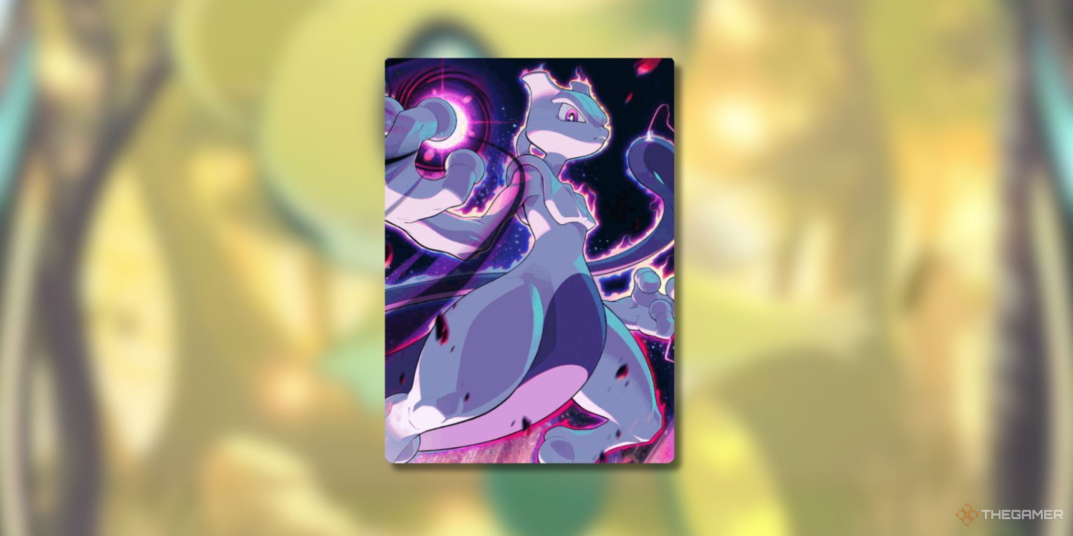 Pokemon Trading Card Game Pocket Mewtwo Card Sleeve on a blurred background.