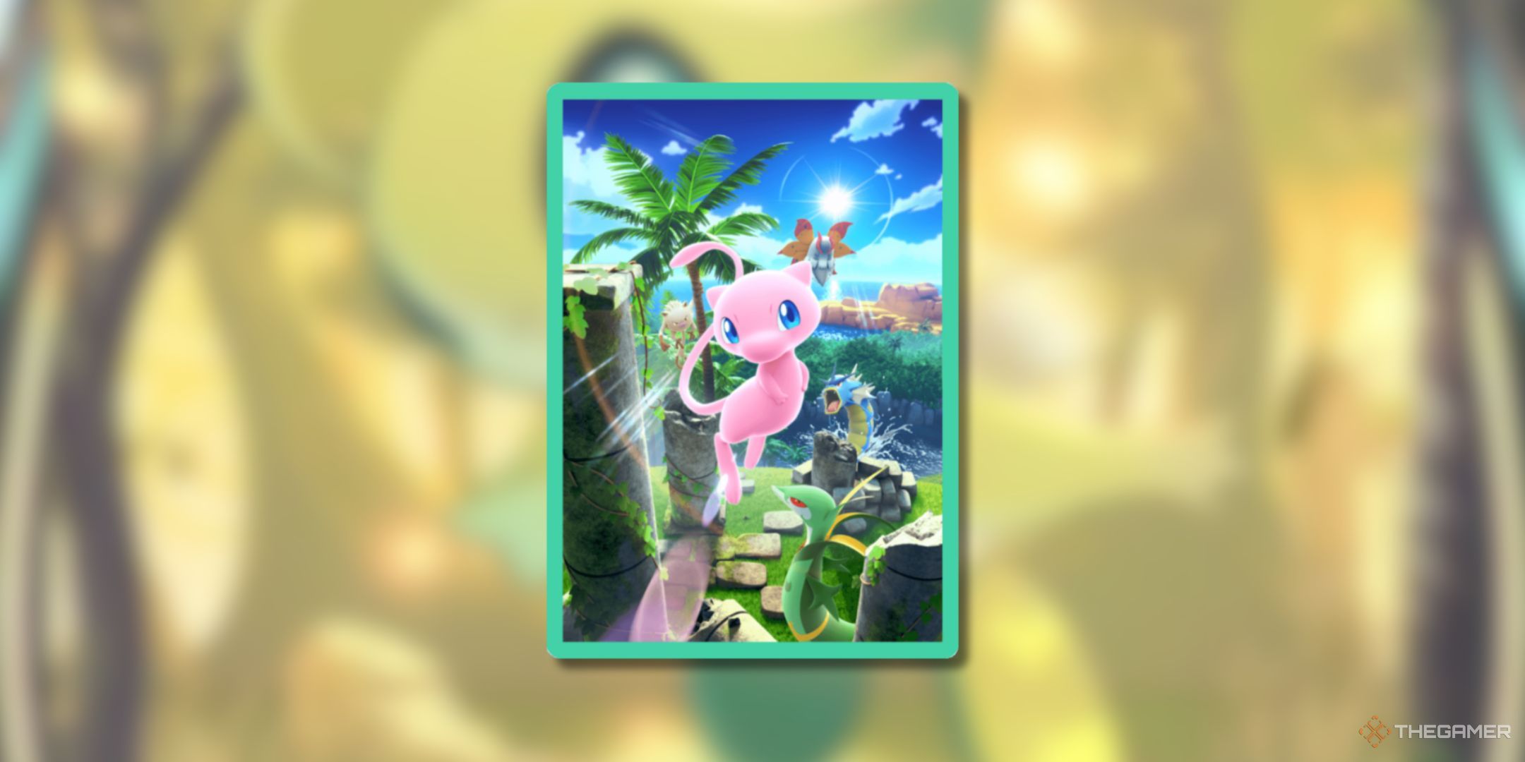 Pokemon Trading Card Game Pocket Mythical Island Mew Card Sleeve on a blurred background.