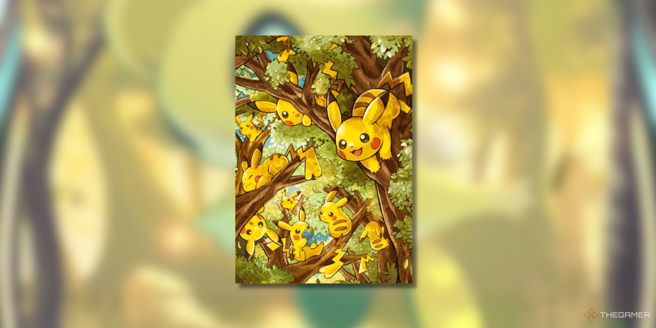 Pokemon Trading Card Game Pocket Pikachu card sleeve on a blurred background.