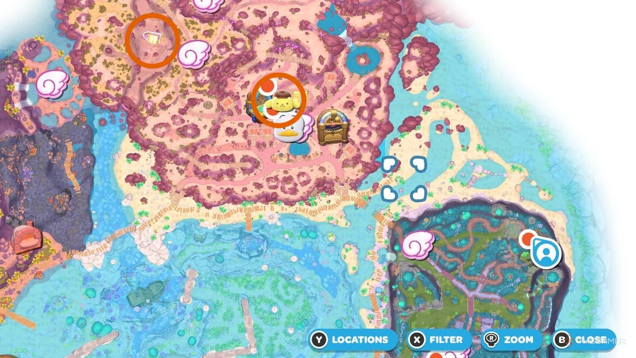 مکان نقشه Pompompurin در Hello Kitty Island Adventure.