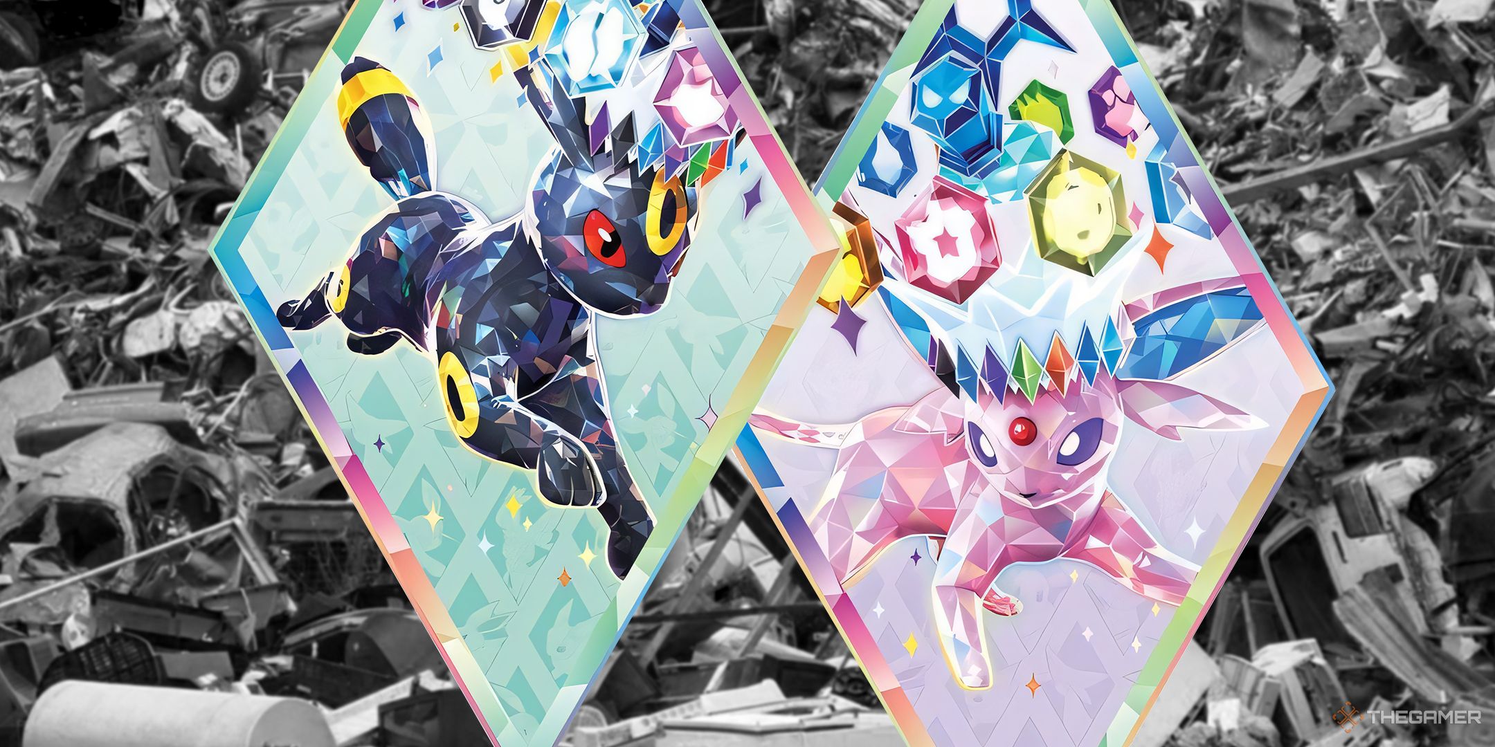 Prismatic Evolutions, showing Umbreon and Espeon in front of a landfill.