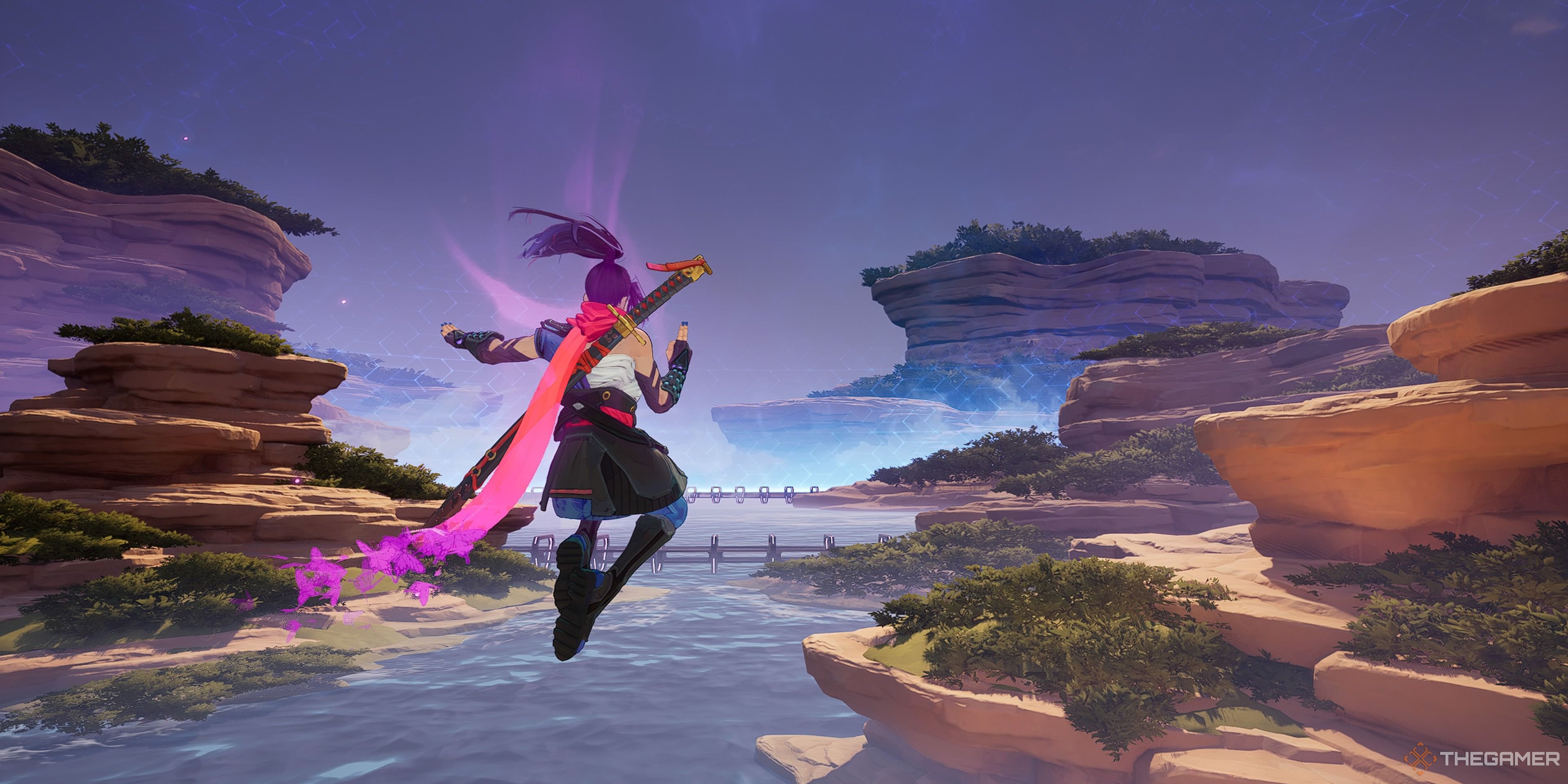 The image shows Psylocke dashing in Marvel Rivals and there is a rocky oasis visible in the background with bridges connecting up different islands. While the player is dashing in the air there is a pink aura surrounding her.