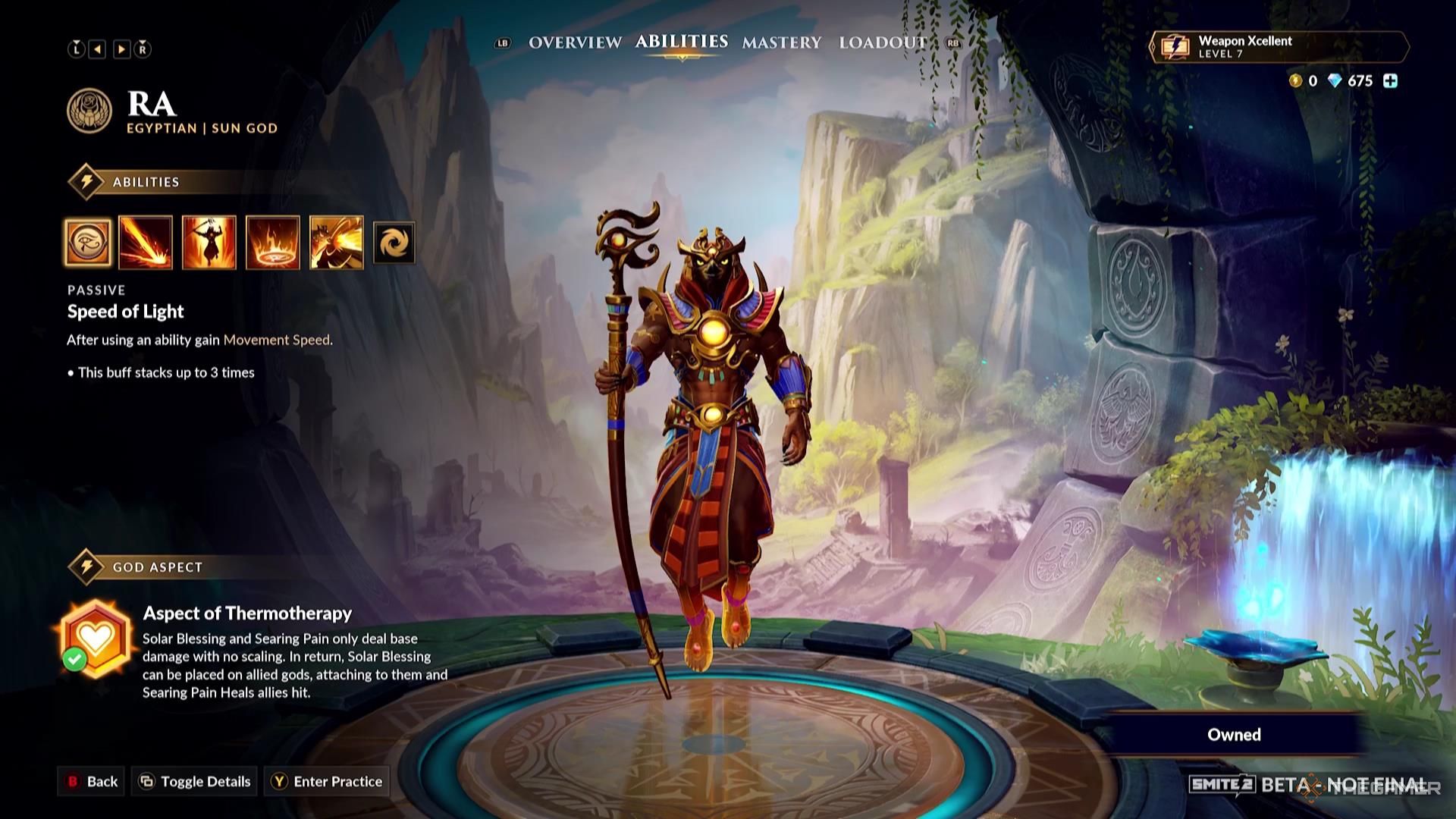 Ra&rsquo;s God Aspect in their ability screen of Smite 2.
