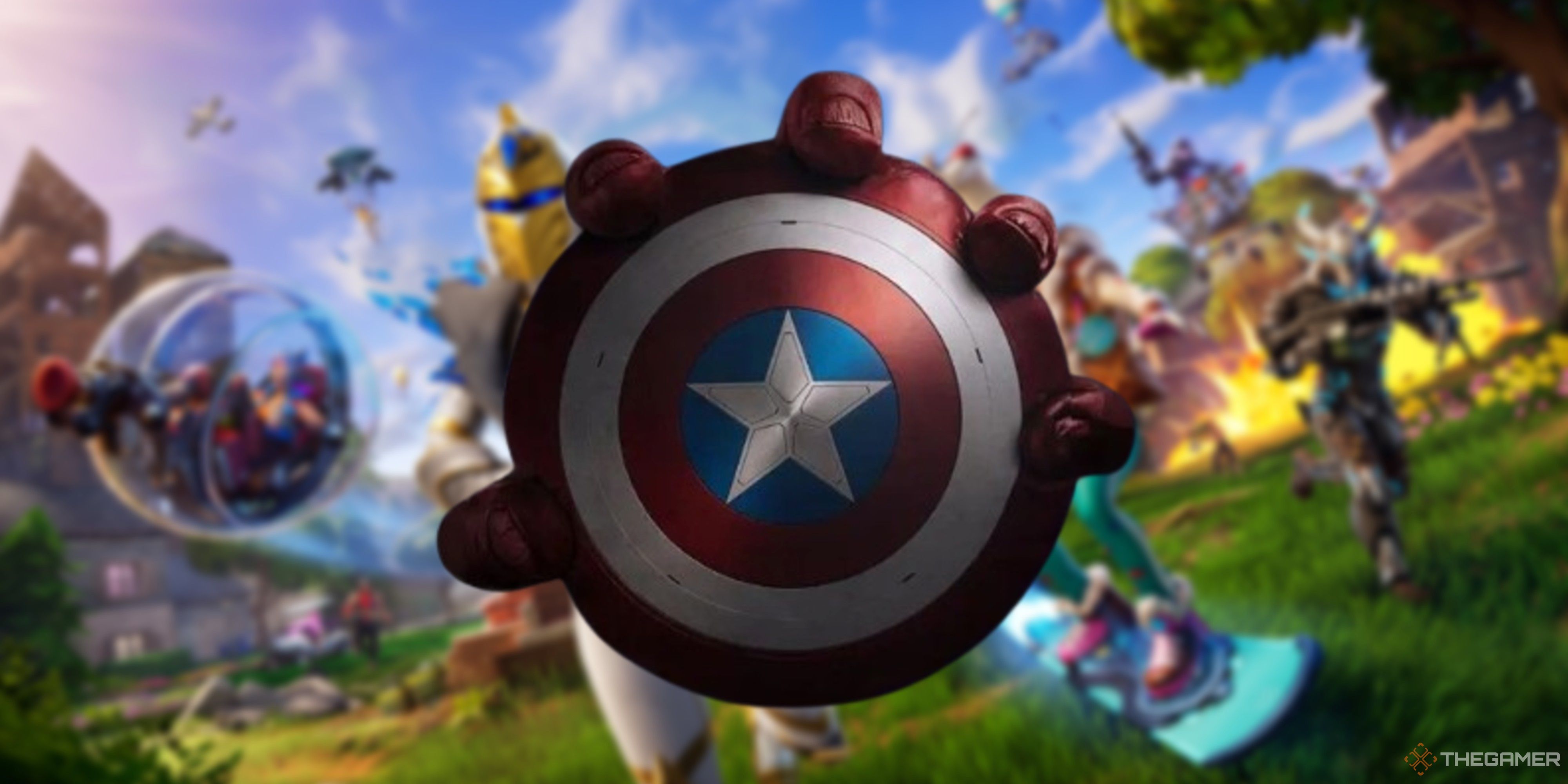 red hulk holding captain america shield on a blurred fortnite background.