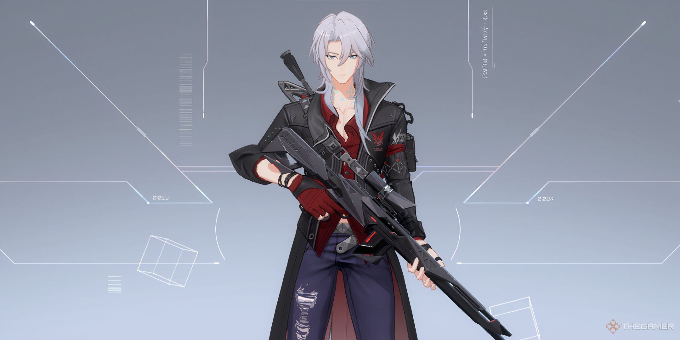 An image showing Reiichi, an Agent from Strinova. There is a white background with is textured like circuits.