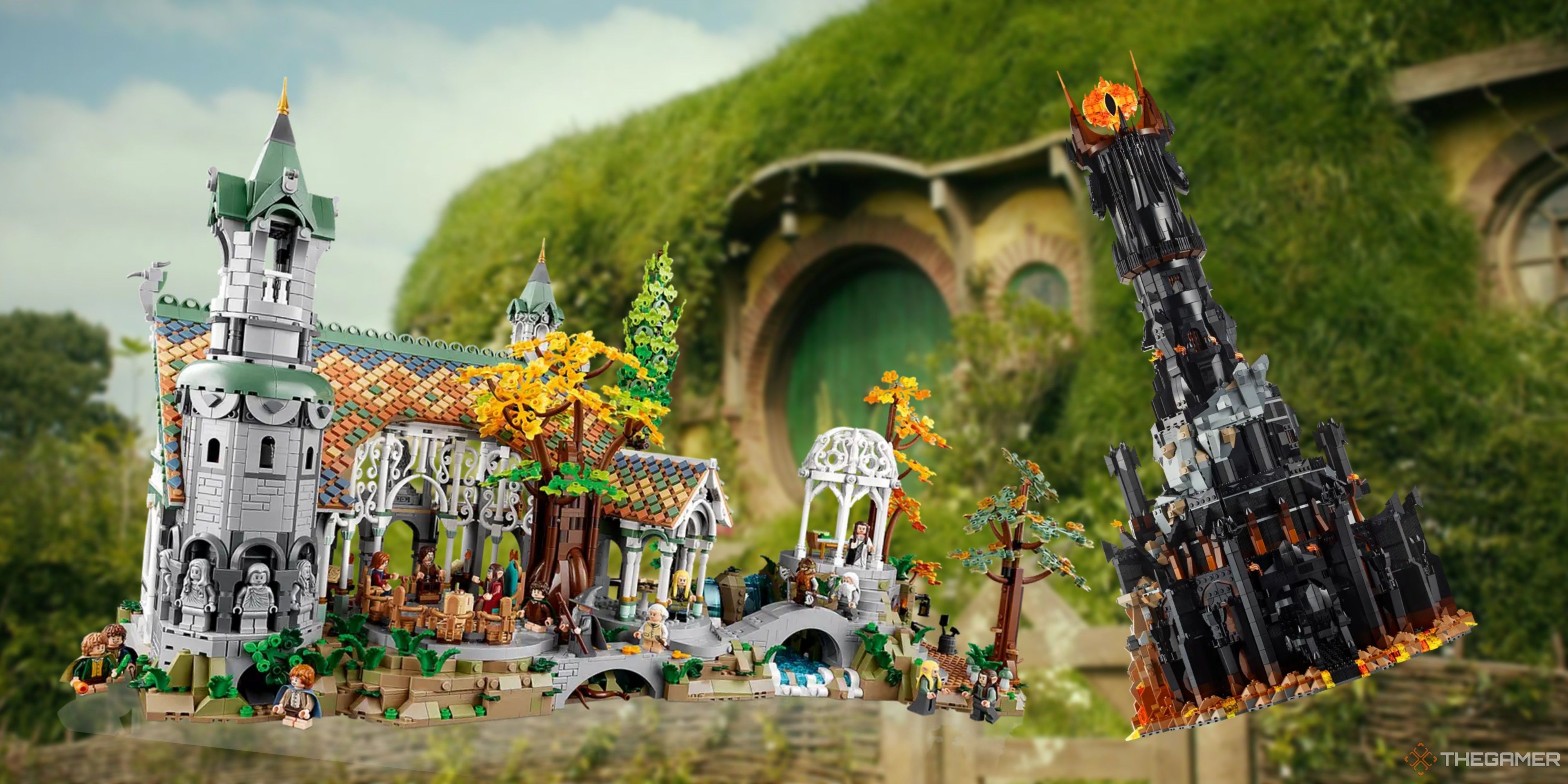 rivendell and barad-dur lord of the rings lego sets on a blurred bag end background.