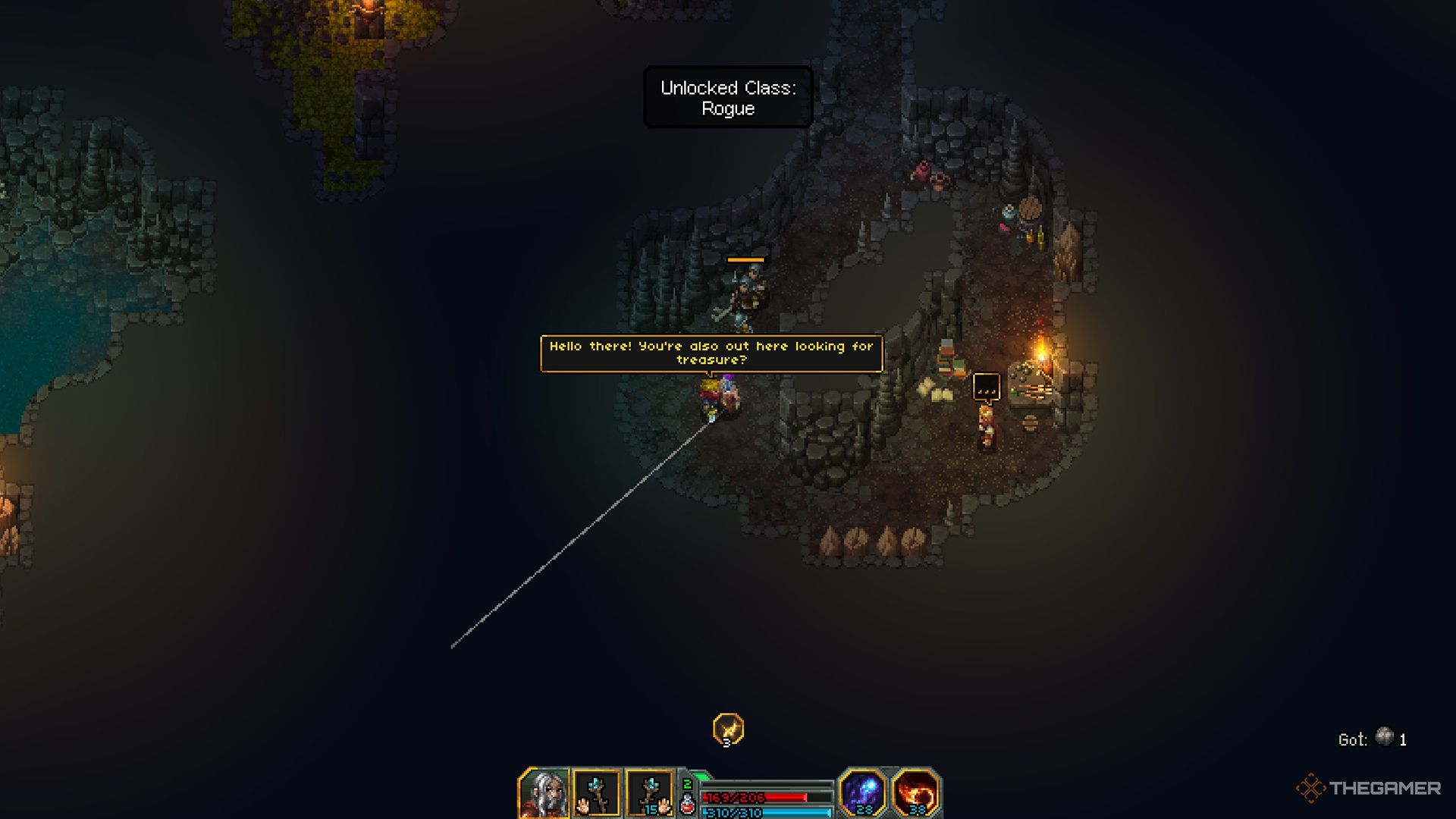 بازیکنی که در غارهای تاریک با Rogue صحبت می کند تا کلاس را در Heroes of Hammerwatch 2 باز کند.