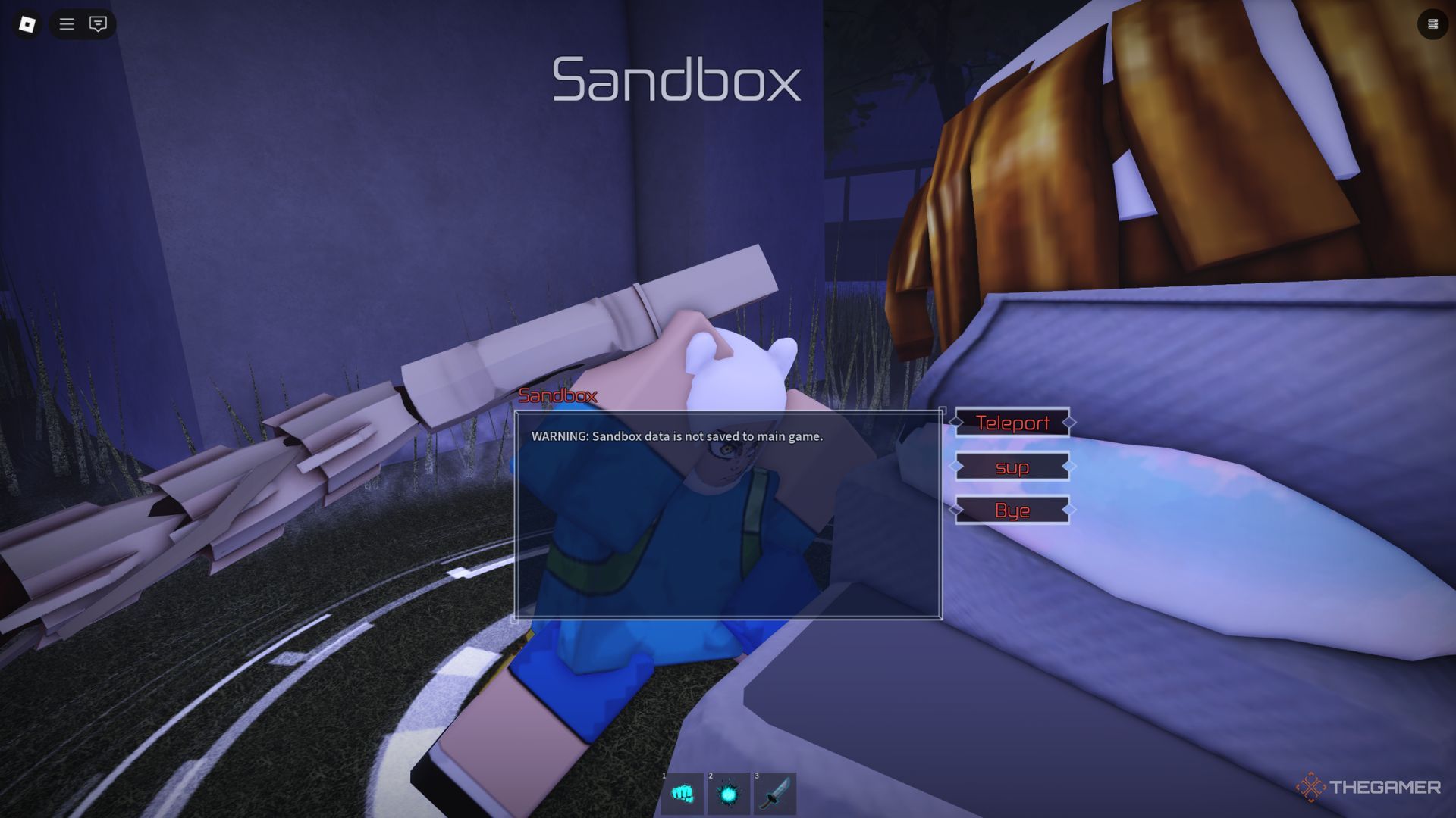 شخصیت بازیکن در کنار Sandbox NPC در لابی اصلی در Jujutsu Infinite می ماند.